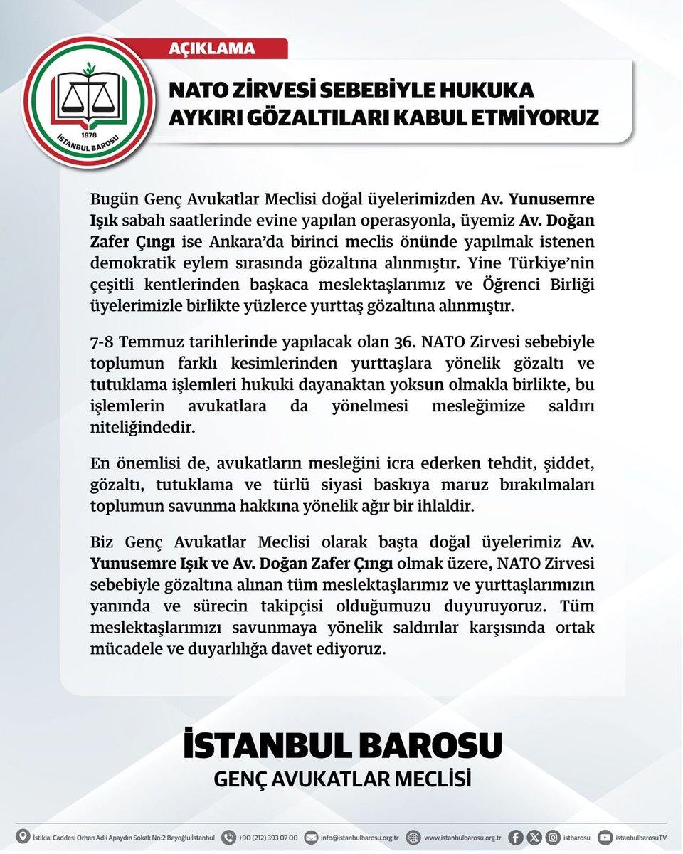 istbarosugam's tweet photo. NATO ZİRVESİ SEBEBİYLE HUKUKA AYKIRI GÖZALTILARI KABUL ETMİYORUZ https://t.co/nDW5rfwl9l