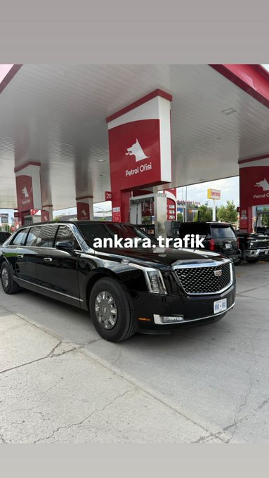 clashreport's tweet photo. US presidential limousines (The Beast) were spotted refueling at a gas station in Ankara ahead of Trump's arrival for the NATO Summit on July 7-8, 2026 — the first US presidential visit to Türkiye since 2015. 

Trump is expected with a delegation of 1,000-1,400 personnel for bilateral meetings with Turkish President Erdogan, a visit to Anıtkabir, and summit sessions, with F-35 sales among the expected topics.