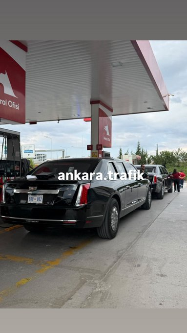 clashreport's tweet photo. US presidential limousines (The Beast) were spotted refueling at a gas station in Ankara ahead of Trump's arrival for the NATO Summit on July 7-8, 2026 — the first US presidential visit to Türkiye since 2015. 

Trump is expected with a delegation of 1,000-1,400 personnel for bilateral meetings with Turkish President Erdogan, a visit to Anıtkabir, and summit sessions, with F-35 sales among the expected topics.