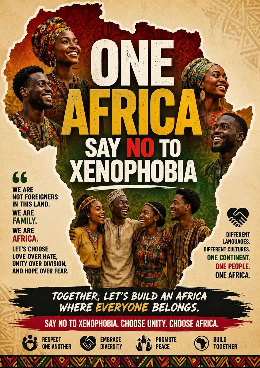 dchikoja's tweet photo. We are one people. We are one continent. We are one Africa. Our future will be built not by driving each other away, but by lifting each other up.

SAY NO TO XENOPHOBIA
#SAYNOTOXENOPHOBIA #SOUTHAFRICA #IMMIGRATION #ONEAFRICA #AFRICAFORALL #MALLAWIANS #XENOPHOBIA https://t.co/wxI1hpN8S4