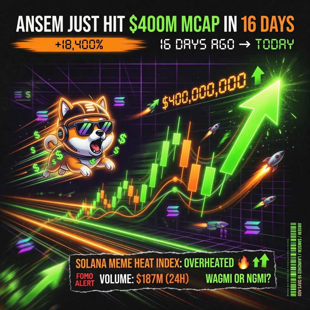 frameuh's tweet photo. $ANSEM hit around **$400M market cap in just 16 days** 🤯

Solana memecoins are proving once again that speed is everything this cycle.

16 days ago — nobody knew.  
Today — everyone is talking.

Is this just the beginning, or is the market already overheated? 👀

#ANSEM #Solana https://t.co/U7FKTL9xqb