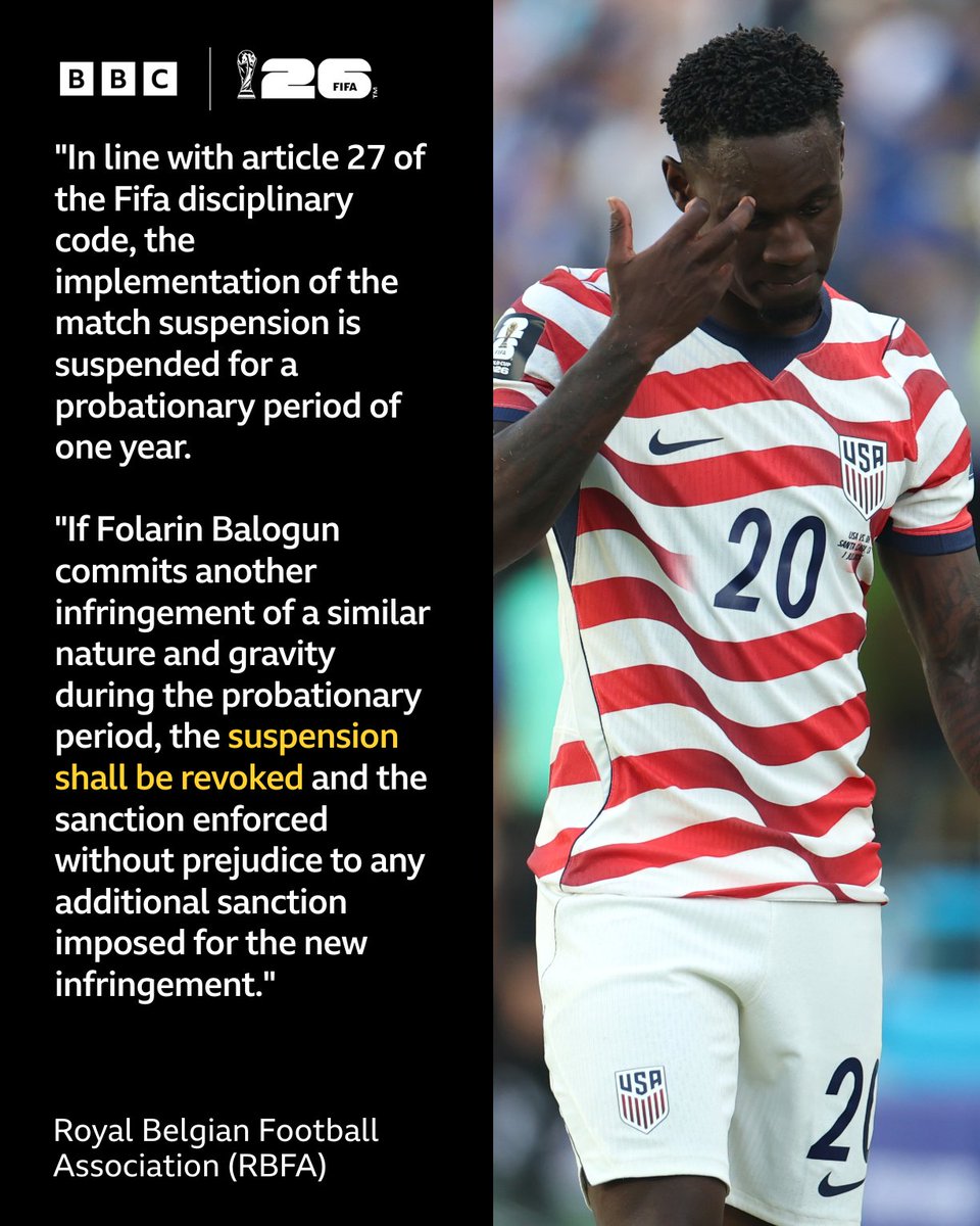 BBCMOTD's tweet photo. The Royal Belgian Football Association (RBFA) said it is "astonished" by Fifa's decision to allow Folarin Balogun to play for the United States in their World Cup last-16 tie against Belgium after his one-game ban was suspended. https://t.co/SCOE7ggB7p