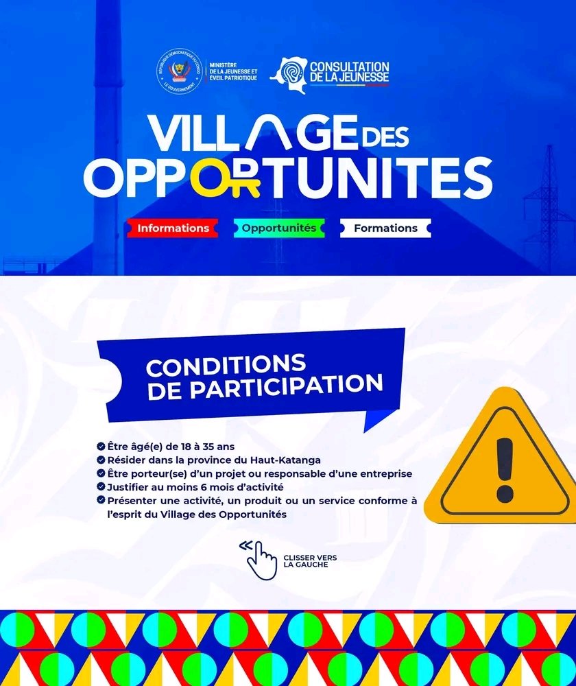 JustinParadoxe's tweet photo. 10 STANDS GRATUITS sont mis à votre disposition pour exposer vos produits !

Vous êtes un(e) jeune entrepreneur(e) du Haut-Katanga ? C’est l’occasion idéale de faire connaître votre activité, de valoriser votre savoir-faire et de développer votre réseau.

Le Village des Opportunités vous ouvre ses portes.

Vous avez un produit, un service ou un talent à présenter ? Profitez d’un espace d’exposition devant un parterre de partenaires de haut niveau, d’investisseurs et de décideurs.

Parce que soutenir la jeunesse, c’est investir dans l’avenir économique de notre province.

Pour postuler, c’est simple :
• Scannez le QR Code ;
• Téléchargez la fiche signalétique ;
• Joignez une copie de votre pièce d’identité ;
• Envoyez votre dossier via WhatsApp aux numéros suivants :
📲 +243 970 512 371
📲 +243 974 900 693

Ne manquez pas cette opportunité de donner de la visibilité à votre projet !

#VillageDesOpportunités #HautKatanga #JeunesseRDC #Entrepreneuriat #Entreprendre #Innovation #JeunesEntrepreneurs #Opportunités #MinJeunesseRDC #ÉveilPatriotique #LeloEzaYaBilenge