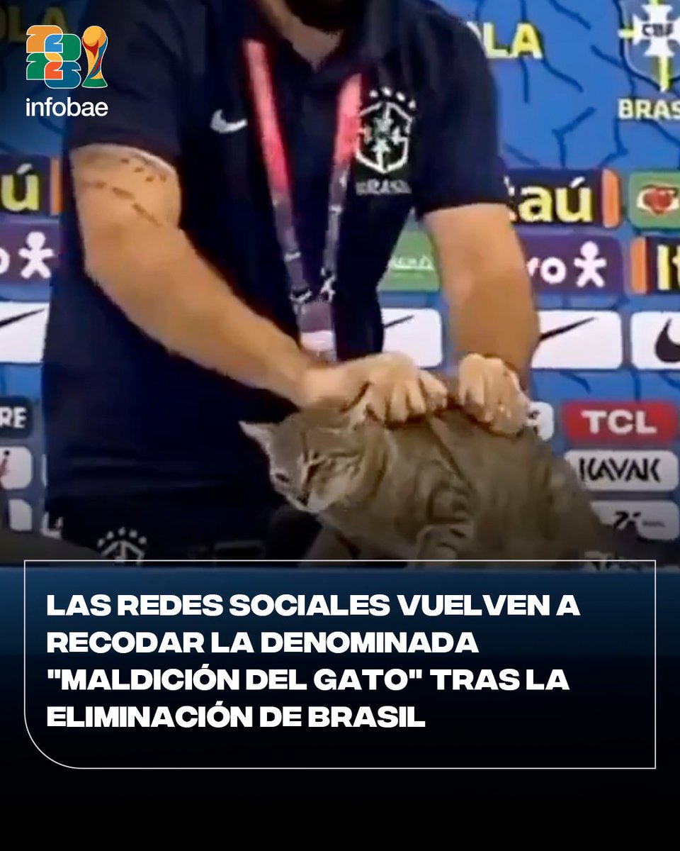 infobae's tweet photo. LAS REDES NO LO OLVIDAN 📲🐈‍⬛

Brasil se quedó afuera del Mundial 2026 y las redes sociales vuelven a recordar la denominada “maldición del gato”.

🔙 En Qatar 2022, el jefe de prensa de la selección brasileña arrojó al felino en plena conferencia. Desde ese momento la verdeamarelha entró en una de las peores rachas.

https://t.co/Xq95tjniat