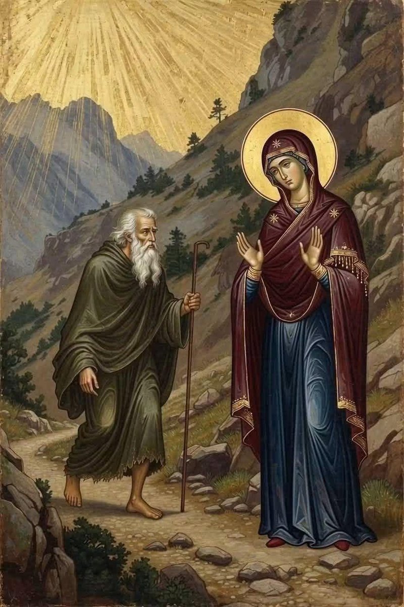 FChristopher77's tweet photo. SAINT ATHANASIUS THE ATHONITE AND THE MIRACLE OF THE SPRING CREATED BY THE MOTHER OF GOD

In the time of Saint Athanasius the Athonite, more than two thousand monks lived in the Great Lavra Monastery. Because of the great poverty, some of the monks began to leave the monastery. Among the last monks who remained in the Lavra was Athanasius himself. Some time later, he too set off towards Karyes, worried by the lack of money and food.

An ancient story tells of the following event that occurred on the road to Karyes. While the saint was walking towards Karyes, near the Monastery of Morfono (of which only some ruins and part of the port tower remain today), he met a woman.

Seeing the woman, the saint said to her:

– What are you doing here, woman, on the Holy Mountain?

The woman replied:

– I am not an ordinary woman. I am the Mother of God.

The saint did not believe the miracle and thought that this apparition was the work of the devil, who often appears in a deceptive form to great ascetics in order to deceive and destroy them.

The Mother of God, looking at him, said:

– What do you have in your hand?

The saint answered:

– My staff.

The saint’s staff was made of solid iron; it is preserved to this day in the main church of the Great Lavra, planted beside his tomb. Around his neck, the Saint wore a heavy iron cross weighing three kilograms, which is also preserved in the present-day monastery church.

To confirm the miracle and to assure him of Her blessing, the Mother of God told the saint to make the sign of the Cross over the rock and to strike the stone beside him with his staff. At that moment, pure, sweet, and cold water gushed forth from the rock. To this day, the place is known as “the Spring of Saint Athanasius,” and the water that flows from it is called “the Holy Water (Aghiasma) of Saint Athanasius.”

The Mother of God said to Saint Athanasius:

“I am the steward (economos) of this monastery. I take care of you.”

The saint humbled himself, asked for the blessing of the Mother of God, and returned to the monastery.

Upon returning to the monastery, the Mother of God met him near the old cells and told him to enter the great cellar of the monastery.

Descending the steps into the cellar, the saint found the jars and chests full of food: olives, cheese, oil, and grain.