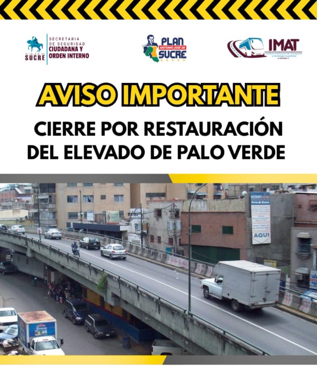 Luis24Palacios's tweet photo. AVISO IMPORTANTE!

CIERRE 🚧 por restauración del elevado de Palo Verde.

A partir de hoy 5 de Julio hasta el próximo viernes 10 de julio, estará CERRADO el elevado de Palo Verde.

Labores de rehabilitación de las juntas de dilatación de la losa estructural. 

#TomenPrevisiones https://t.co/6qisf9KVZO