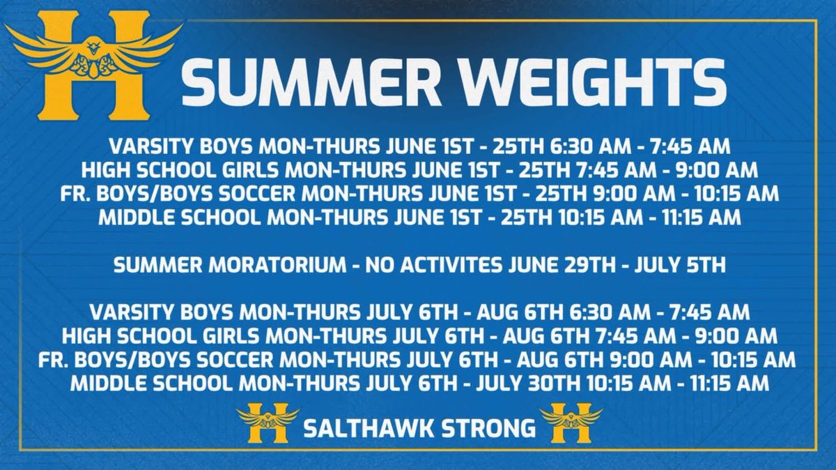 salthawkad's tweet photo. Summer weights start back up tomorrow. Don’t lose the progress you made in June. Build upon it in July! https://t.co/sCz8DNgrsJ