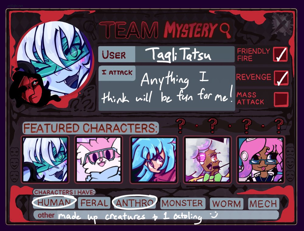 TatsuTagli's tweet photo. I’M VERY LATE TO THIS BUT I’M PARTICIPATING IN ARTFIGHT THIS YEAR 🎉🎉🎉 Let’s go Team Mystery 🔎🔎🔎

My page will be in the replies 😊 https://t.co/lH7J85EP8N