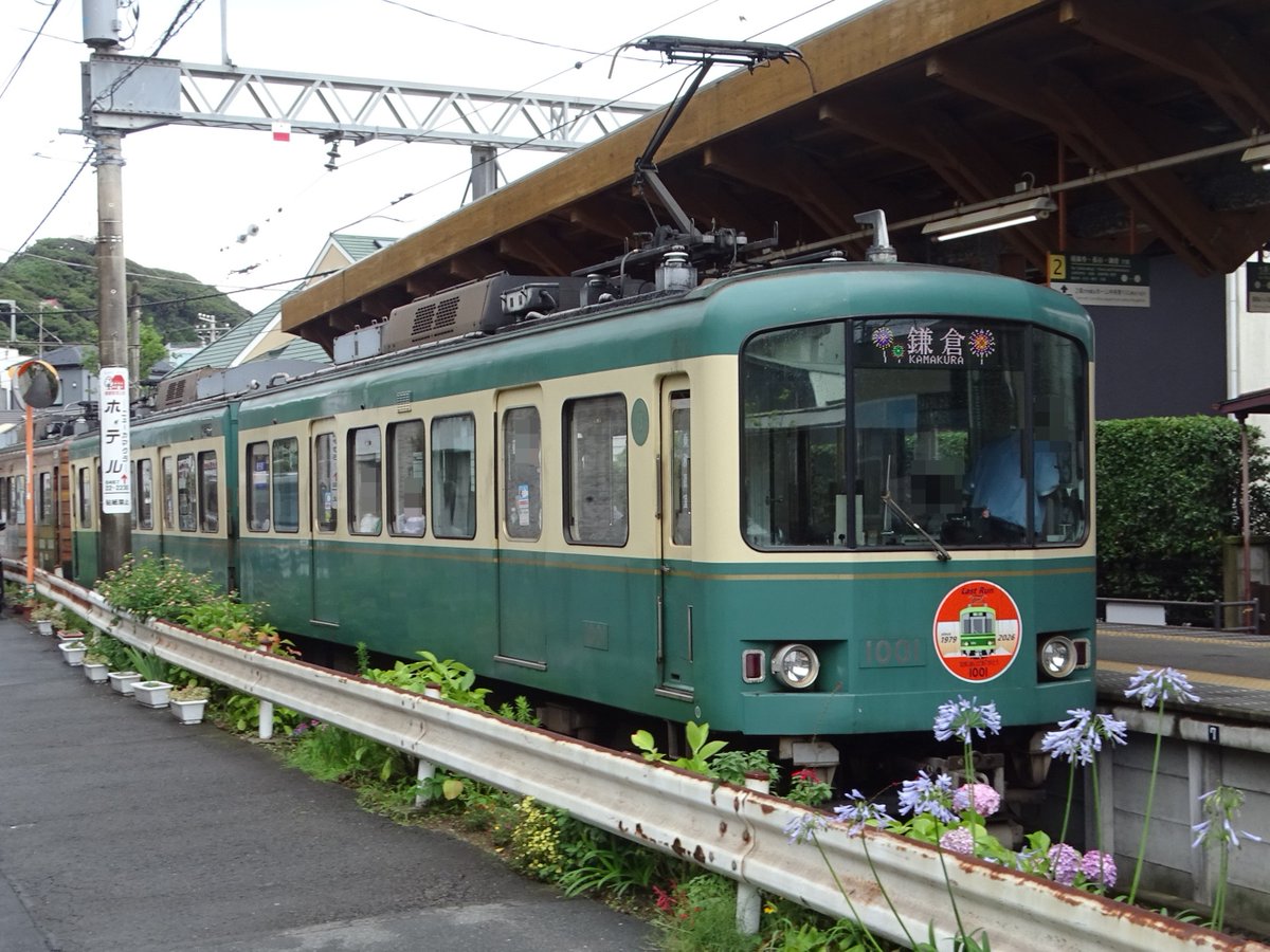 TakashimaExp2's tweet photo. 7/5(日)
7月中旬での引退が発表されている江ノ電1000形1001-1051号を撮影。引退記念のヘッドマーク付きの姿を、初夏の線路端の花と共に撮影出来ました。
この編成の引退後も、吊り掛け駆動の1000形前期車は残存しますが、江ノ電では大分久しぶりの車両置き換えということで、結構なインパクトですね。 https://t.co/1tZEqFK9Ka