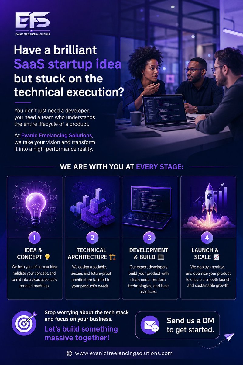 evanicfsolution's tweet photo. Great SaaS idea? We'll build it.
At Evanic Freelancing Solutions, we turn ideas into scalable products, from strategy to launch.
💡 Idea &amp; Concept
🏗️ Architecture
💻 Development
📈 Launch &amp; Scale
You focus on growing your business. We'll handle the tech.
 https://t.co/i3NKvj9IH3 https://t.co/bR5DyRS4RN