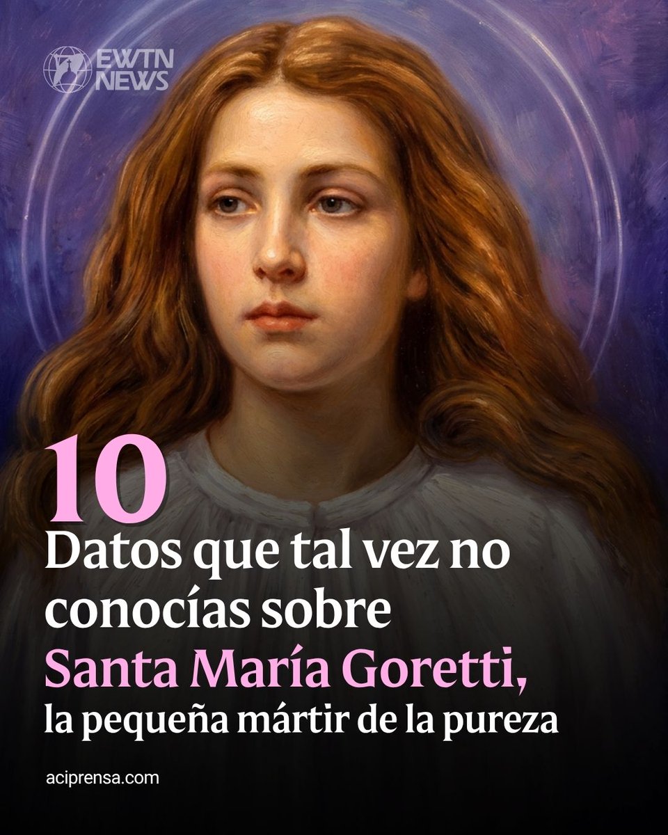 aciprensa's tweet photo. Cada 6 de julio la Iglesia celebra a Santa María Goretti, niña de 11 años que fue asesinada al defender su pureza frente a un intento de violación y que, durante su agonía, perdonó heroicamente a su agresor, dando un testimonio radical del Evangelio del perdón.

Conocida como la “dulce mártir de la pureza” y canonizada por el Papa Pío XII, destacó no solo por su defensa de la castidad, sino también por su amor a la Eucaristía y su profunda devoción a la Virgen María; por ello, proponemos 10 datos sobre su vida para ayudar a crecer en la fe.

1.- Su familia era pobre, por lo que trabajó desde pequeña.
2.- Tras la muerte de su padre, ayudó a su mamá trabajando y cuidando de sus hermanos.
3.- Prefería morir antes que decir una mala palabra
4.- No pudo ir a la escuela por la pobreza. Pero fue educada por sus padres.
5.- Sus vecinos la ayudaron a recibir la Primera Comunión.
6.- Solía rezar y ofrecer sus sufrimientos a la Virgen María.
7.- A los 11 años Alessandro Serenelli intentó violarla y ante su resistencia la apuñaló 14 veces.
8.- En su agonía perdonó a su agresor. Sus últimas palabras fueron: «¡Lo quiero conmigo en el paraíso!»
9.- Su asesino se convirtió en prisión, pidió perdón y ayudó a la canonización de María.
10.- Una de sus hermanas se  hizo religiosa

Más detalles de cada punto:
👉 https://t.co/v8H1Tzp2xo