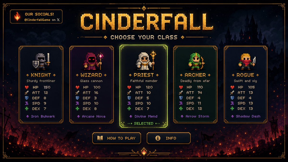 CinderfallGame's tweet photo. Step into https://t.co/KpO0SGUaAV

Five classes. One living world. Real people wandering it right now.

Knight, Wizard, Priest, Archer, Rogue.

Choose your class and begin your run. https://t.co/EBiZv5dHOX