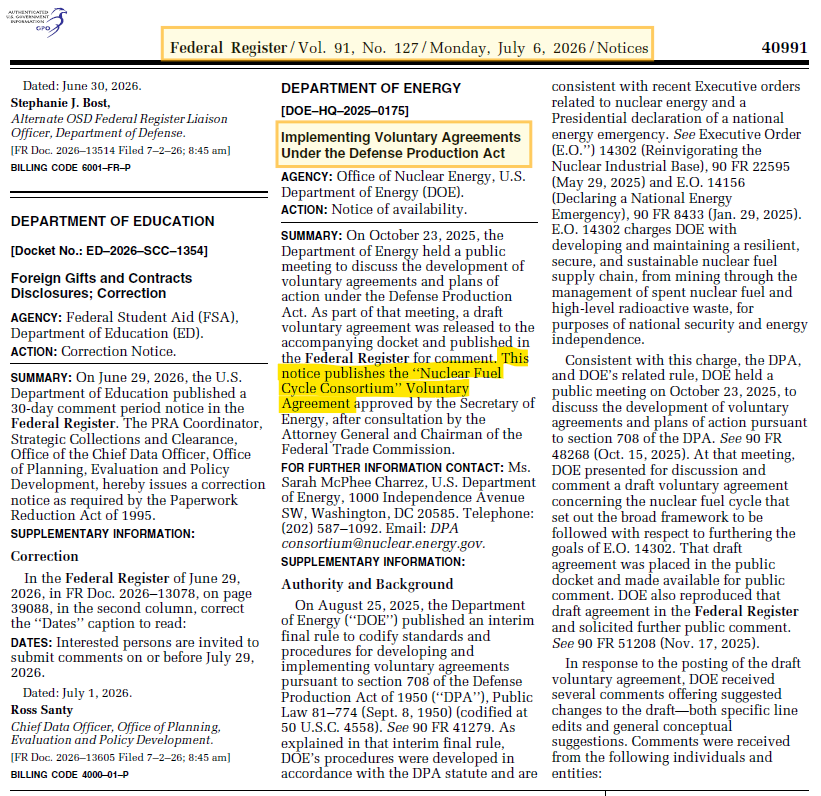 quakes99's tweet photo. 🎆US Dept of @Energy has published the 'Voluntary Agreement'📜✍️ signed by nearly 100 companies in its new #Nuclear Fuel Cycle Consortium👥🇺🇸🛢️☢️ which, using Defense Production Act tools, aims to bolster the domestic supply of #Uranium fuel for existing & future US reactors.⛽️⛏️🏭🧑‍🏭🤠🐂 
https://t.co/WeBntLBCxV