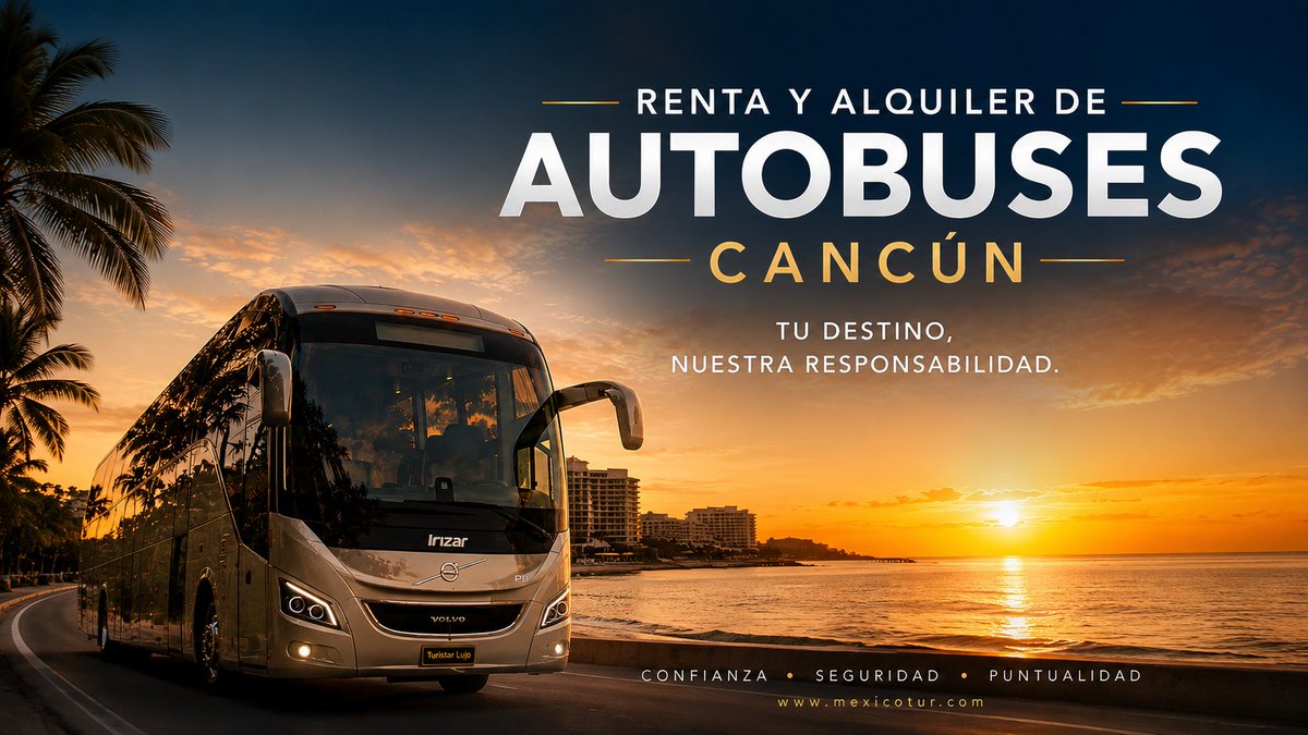 mexicotur's tweet photo. 🚌 Renta de autobuses de lujo en Cancún. Modelos 2025, seguro de viaje y operadores certificados SCT. Traslados aeropuerto y Tren Maya. 📷 https://t.co/N1liSpo053…… #TransporteCancun #RentaDeAutobuses https://t.co/qBZWYMsKfn