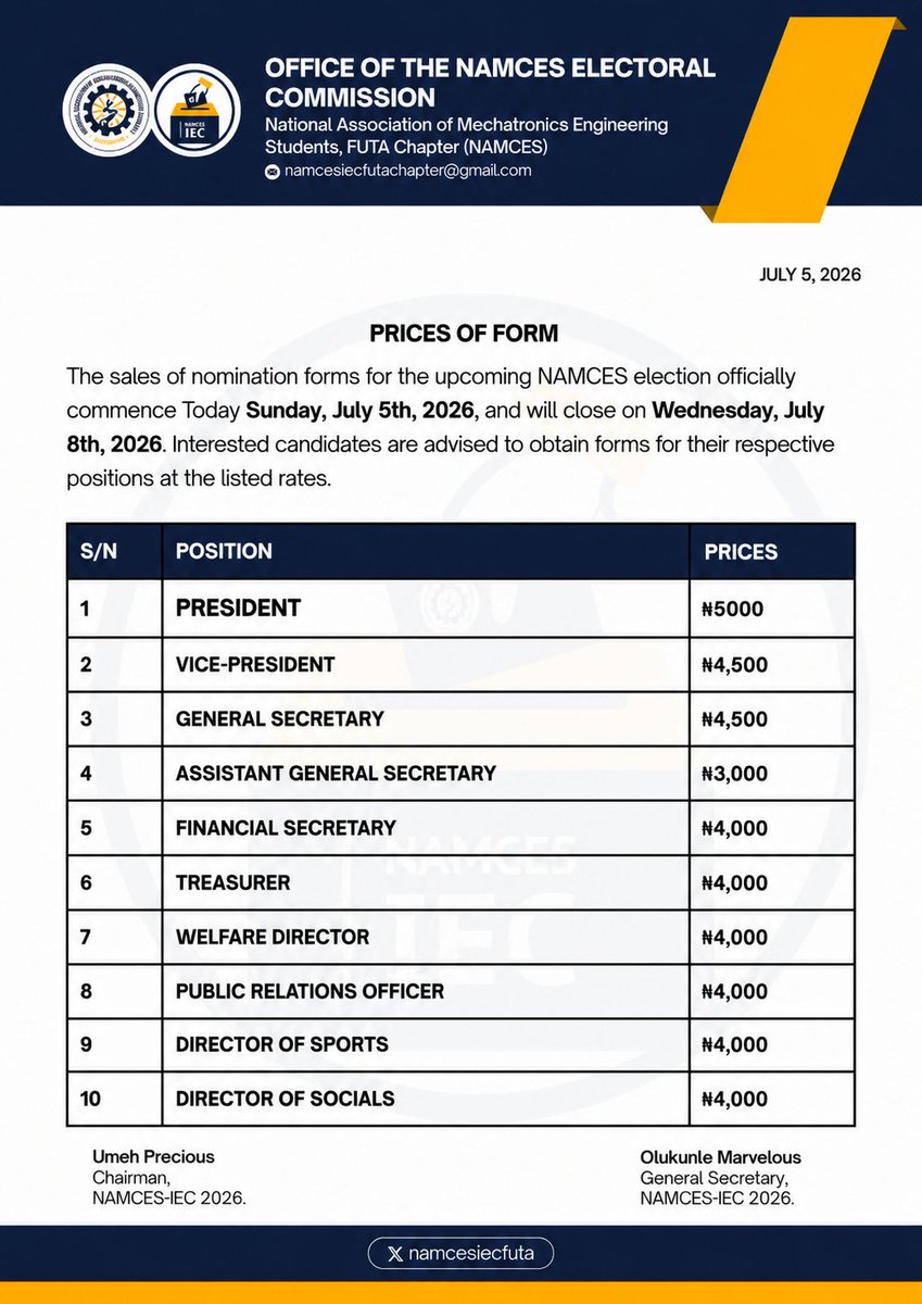 NAMCESIECFUTA's tweet photo. 🚨SALES OF NOMINATION FORMS🚨*

All Interested Candidates are to Contact the General Secretary to make Payments for any Position

 ~E-Signed
Umeh Precious, 
Chairperson, NAMCES-IEC FUTA 2026.

Olukunle Marvelous, 
General Secretary, NAMCES-IEC FUTA 2026. https://t.co/V5UyJwn4ZP