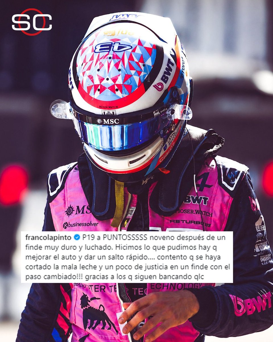 SC_ESPN's tweet photo. LA ALEGRÍA DE FRANCO: Colapinto se expresó en las redes sociales tras conseguir el noveno puesto en el Gran Premio de Silverstone de la #Fórmula1.

📺 #BritishGP | Toda la temporada de #F1 por #DisneyPlus Plan Premium https://t.co/UYtq7EY5qX
