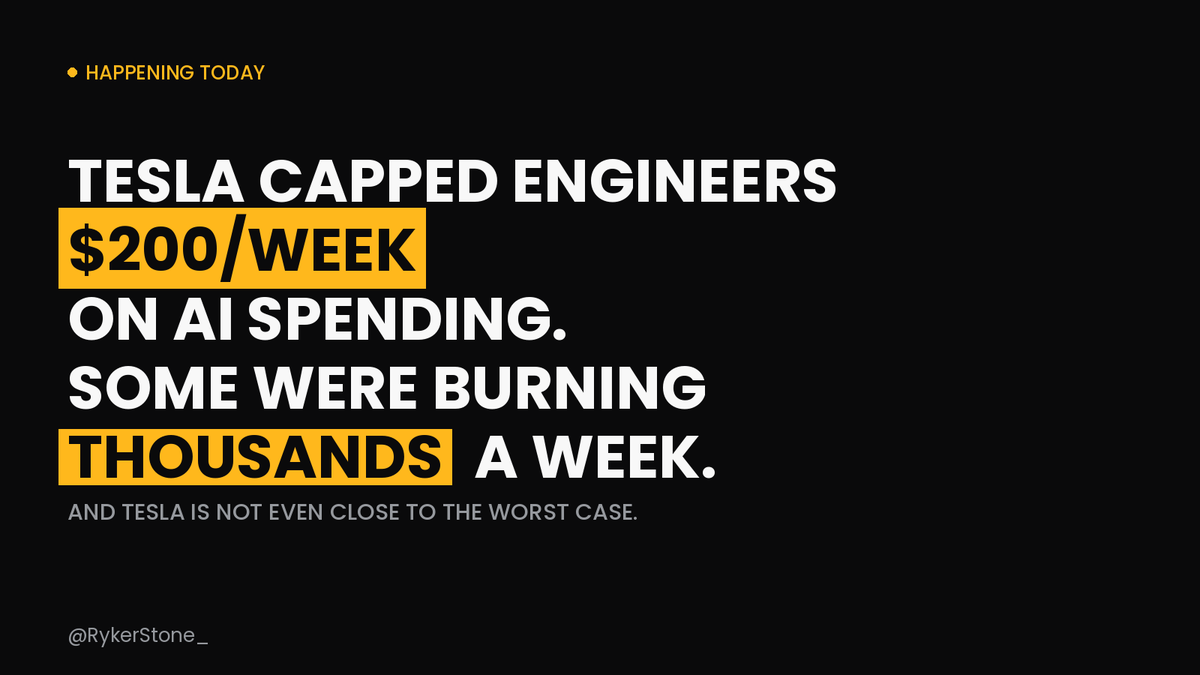 RykerStone123_'s tweet photo. Tesla just capped every employee at $200/week in AI spending. Effective today.

Some engineers were burning thousands per week. And Tesla isn't even the worst case. Here's the real story of what AI is actually costing companies right now: 🧵 https://t.co/AGoT1TtjHz