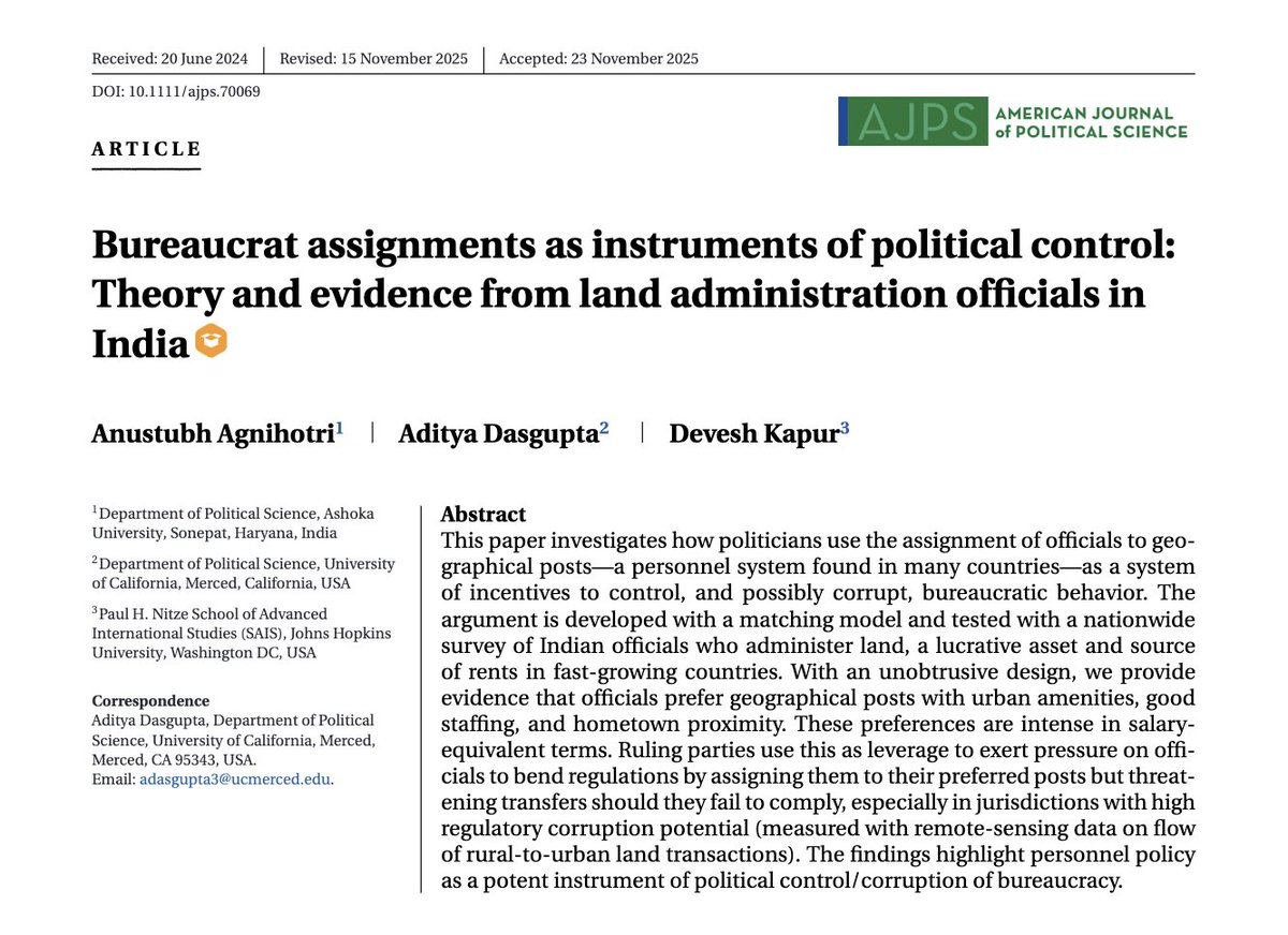 MilanV's tweet photo. Very interesting new @AJPS_Editor paper by Agnihotri, Dasgupta, and Kapur on the market for bureaucratic assignments at the local level in India https://t.co/yHSYmCDNI9 https://t.co/JFvDbjBkMe