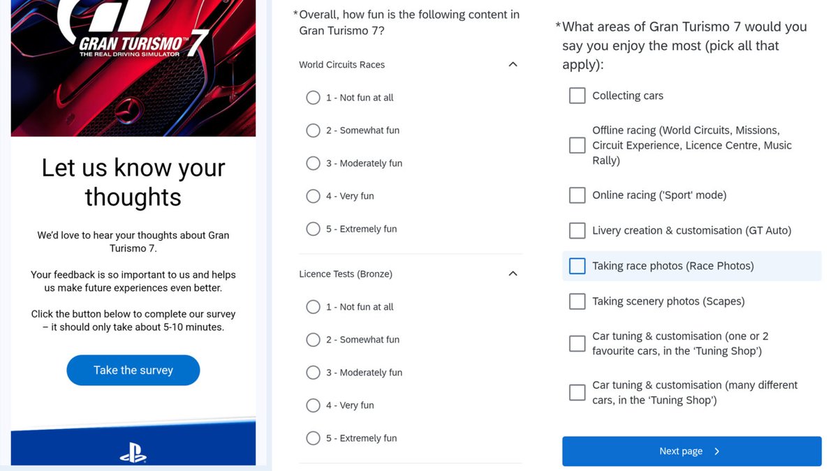GTPlanetNews's tweet photo. Sony is asking for feedback about Gran Turismo 7 in a new survey, according to screenshots obtained by @TraxionGG. It's invitation-only, but let's conduct our own survey in a thread right here: 🧵 https://t.co/imQQI0nGM0