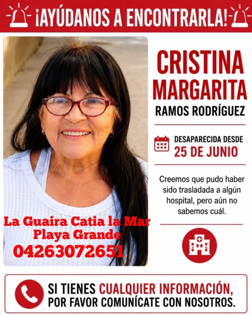 cristiancrespoj's tweet photo. 🚨 #AlertaSinMordaza | #URGENTE

Denuncian la desaparición de Cristina  Margarita Ramos tras ser rescatada con vida en La Guaira.

El hijo de Cristina Margarita Ramos denuncia que, aunque su madre fue rescatada con vida y trasladada en ambulancia tras el colapso de un edificio en Playa Grande, hasta el día de hoy su paradero sigue siendo desconocido.

Según su testimonio, las plataformas oficiales señalan que Cristina fue atendida en el Hospital Naval. Sin embargo, tras múltiples búsquedas, su familia asegura que esa información es falsa y que no existe registro de su ingreso o atención en ese centro de salud.

⚠️ La desaparición de una persona sobreviviente en medio de una emergencia es un hecho de máxima gravedad.

Exigimos a las autoridades informar de manera inmediata y transparente sobre el paradero de Cristina Margarita Ramos, así como esclarecer las inconsistencias en los registros oficiales.

📍 Si tienes información sobre Cristina Margarita Ramos, comunícate con su familia al 0426-3072651.

Ningún sobreviviente puede desaparecer después de haber sido rescatado.

#LaGuaira #Emergencia #DDHH #Venezuela