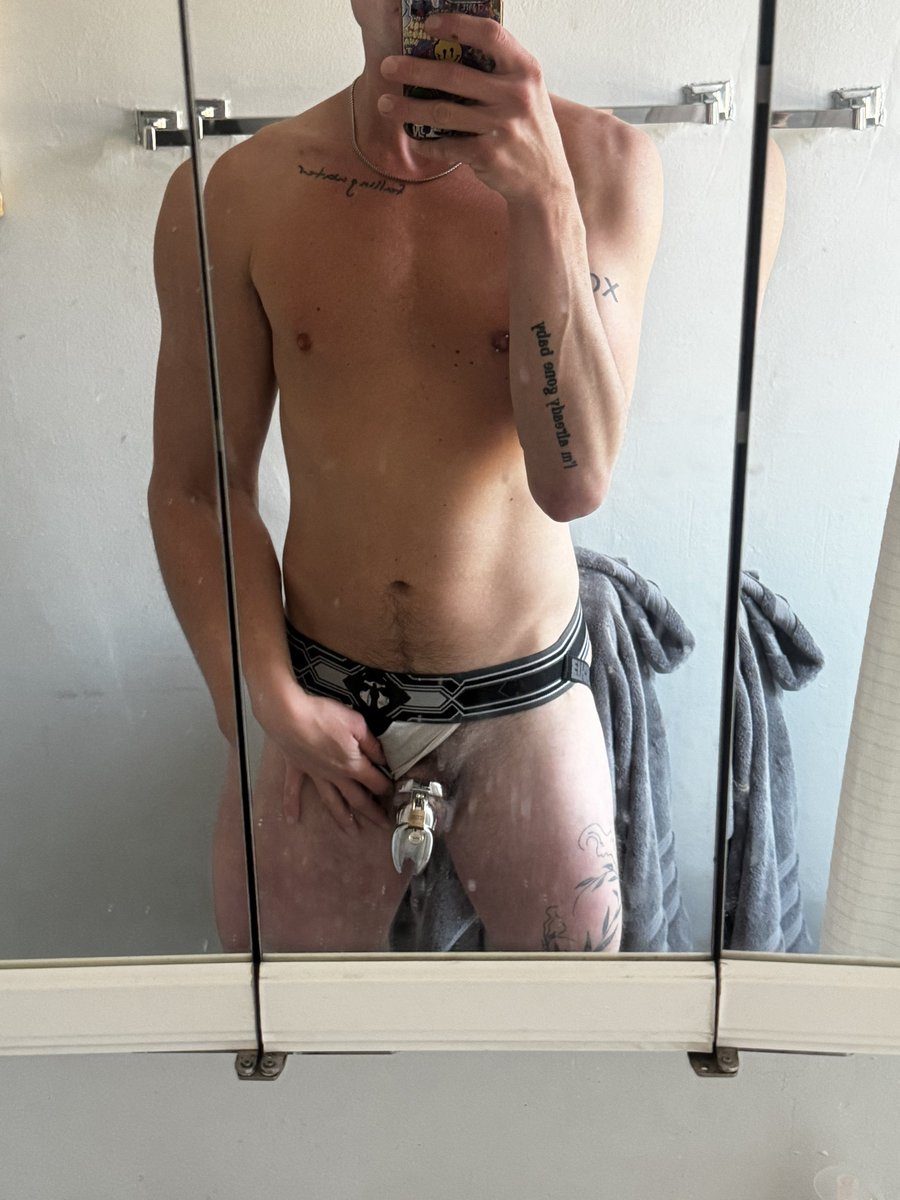 JockPrinceTuck's tweet photo. just a locked boy going wild for ur cock 😈 https://t.co/2jYNw2E7XO