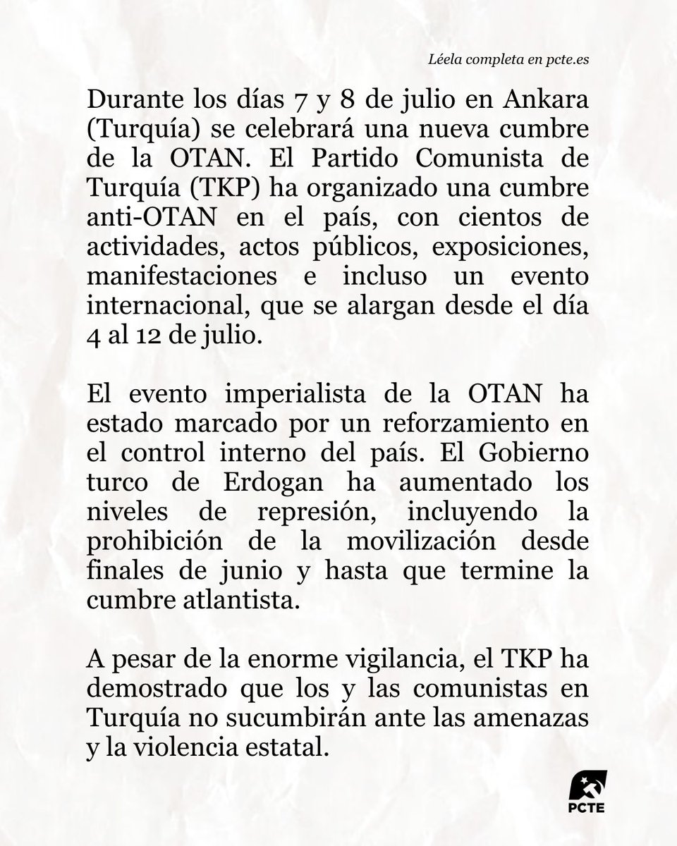 _PCTE_'s tweet photo. 🗒 Nota de prensa: Solidaridad con el TKP (@tkpninsesi) y con los camaradas detenidos y heridos en la lucha contra la OTAN.

Este domingo, la policía turca atacó violentamente manifestaciones en 6 ciudades. En Ankara, cientos de camaradas del TKP fueron detenidos y decenas heridos.

El PCTE envía su solidaridad al TKP y denuncia la represión de AKP contra quienes luchan contra la OTAN y el imperialismo.
