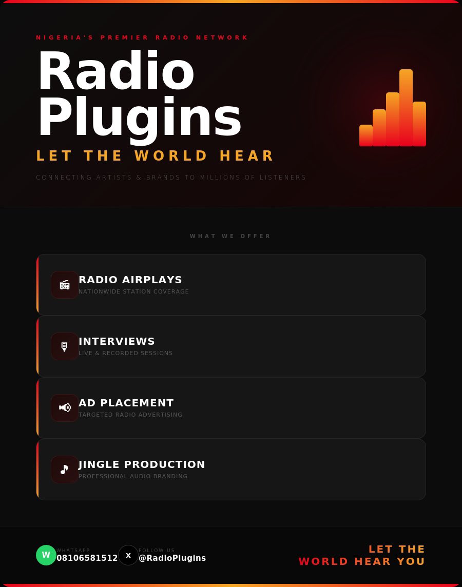 Radioplugins's tweet photo. Here’s what we offer:

•📻 Radio Airplays — Nationwide station coverage
•🎤 Interviews — Live &amp; recorded sessions to tell your story
•📢 Ad Placement — Targeted radio advertising for your brand

 🎵 Jingle Production — Professional audio branding https://t.co/7KwmvqcwHZ