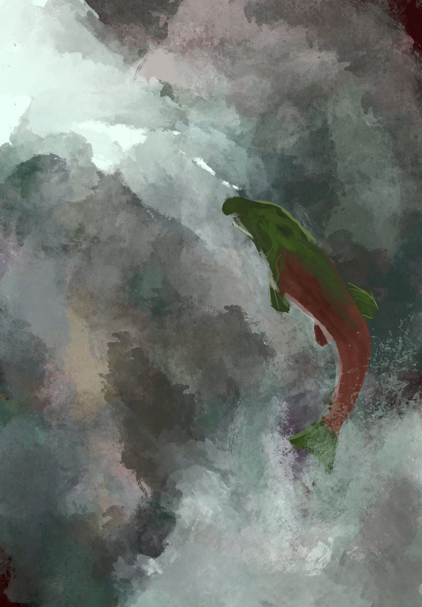 SSDC_N1K4's tweet photo. I was making a mural for the new Minecraft town and I put a lot of  effort into trying to get a salmon up river until i finished and  realized that it didnt look like it will fit... so i replaced my fish  with the in-game fish instead and now it feels like a shitpost https://t.co/oJR2sCXyKD