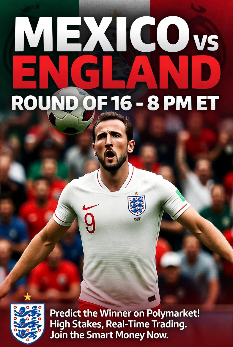 mahor_F_'s tweet photo. 🇲🇽 Mexico vs 🇬🇧 England tonight! ⚔️

Kane &amp; Bellingham vs the passion of Mexico!

Who advances? Trade it on @Polymarket ! 
#WorldCup #Polymarket https://t.co/IvWbMyzYxs