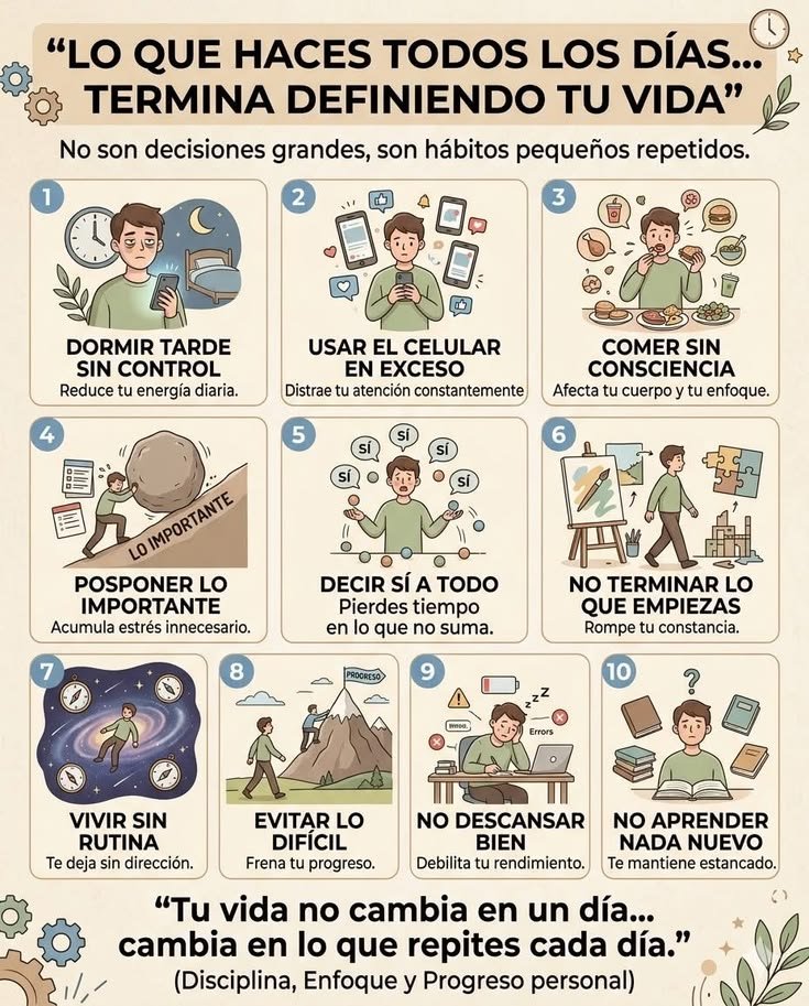 SumaYVive's tweet photo. Lo que haces todos los días termina definiendo tu vida.

No es una frase de taza de desayuno. Es casi literal. Los estudios de la Universidad de Duke calculan que cerca del 40% de lo que haces cada día no lo eliges: lo repites en automático. Tu vida, en buena parte, es la suma de esos automatismos.

Por eso los cambios pequeños pesan tanto. Si mejoras un 1% cada día, en un año no acabas un 365% mejor, sino casi 38 veces mejor, porque el efecto se acumula. Y al revés funciona igual.

Lo que dice la ciencia detrás de cada hábito:

1. Dormir tarde sin control. Mientras duermes profundo, el cerebro pone en marcha un sistema de limpieza que retira los desechos del día. Si te saltas ese sueño, arrastras niebla mental, peor humor y menos energía. Ese bajón no es falta de ganas: tu cerebro, sin limpiar, funciona a medio gas.

2. Usar el móvil en exceso. Cada vez que lo coges y vuelves a lo que hacías, tu cabeza tarda de media más de 20 minutos en recuperar la concentración plena. Y las apps se diseñan con recompensas impredecibles, como una tragaperras, para que vuelvas una y otra vez.

3. Comer sin consciencia. Comer mirando una pantalla hace que tu cerebro registre menos lo que come, te sacies peor y termines comiendo de más sin darte cuenta. El cómo comes pesa casi tanto como el qué.

4. Posponer lo importante. Procrastinar no es vagancia, es escapar de una emoción incómoda. Y lo curioso es que casi siempre sufres más imaginando la tarea que haciéndola. El malestar vive en la espera, no en la acción.

5. Decir que sí a todo. Cada sí que das es un no a otra cosa. El que nunca pone límites no acaba haciendo más: acaba haciendo lo de todos menos lo suyo.

6. No terminar lo que empiezas. Tu mente no suelta lo que dejas a medias. Se llama efecto Zeigarnik: las tareas abiertas siguen gastando energía de fondo, como pestañas que nunca cierras. Diez cosas al 90% cansan más que cinco al 100%.

7. Vivir sin rutina. Cada decisión que tomas gasta un poco de tu fuerza de voluntad, y por eso al final del día caes en lo fácil. La rutina no te encierra. Automatiza lo bueno para que no tengas que pelearlo cada vez.

8. Evitar lo difícil. Lo que te incomoda suele ser justo donde está el crecimiento. Esquivarlo da alivio hoy y te deja igual mañana. La dificultad repetida es donde se esconde el progreso.

9. No descansar bien. No creces mientras te esfuerzas, creces mientras te recuperas. Es en el descanso cuando el cuerpo repara y el cerebro guarda lo que ha aprendido. Más horas no siempre es mejor.

10. No aprender nada nuevo. Tu cerebro sigue creando conexiones a cualquier edad, se llama neuroplasticidad. Cada cosa nueva que aprendes mantiene tu mente más ágil y protegida con los años.

Ninguno de estos hábitos te hunde en un día. El problema es la repetición. Y ahí mismo está también la solución.

Tu vida no cambia en un día. Cambia en lo que repites cada día.