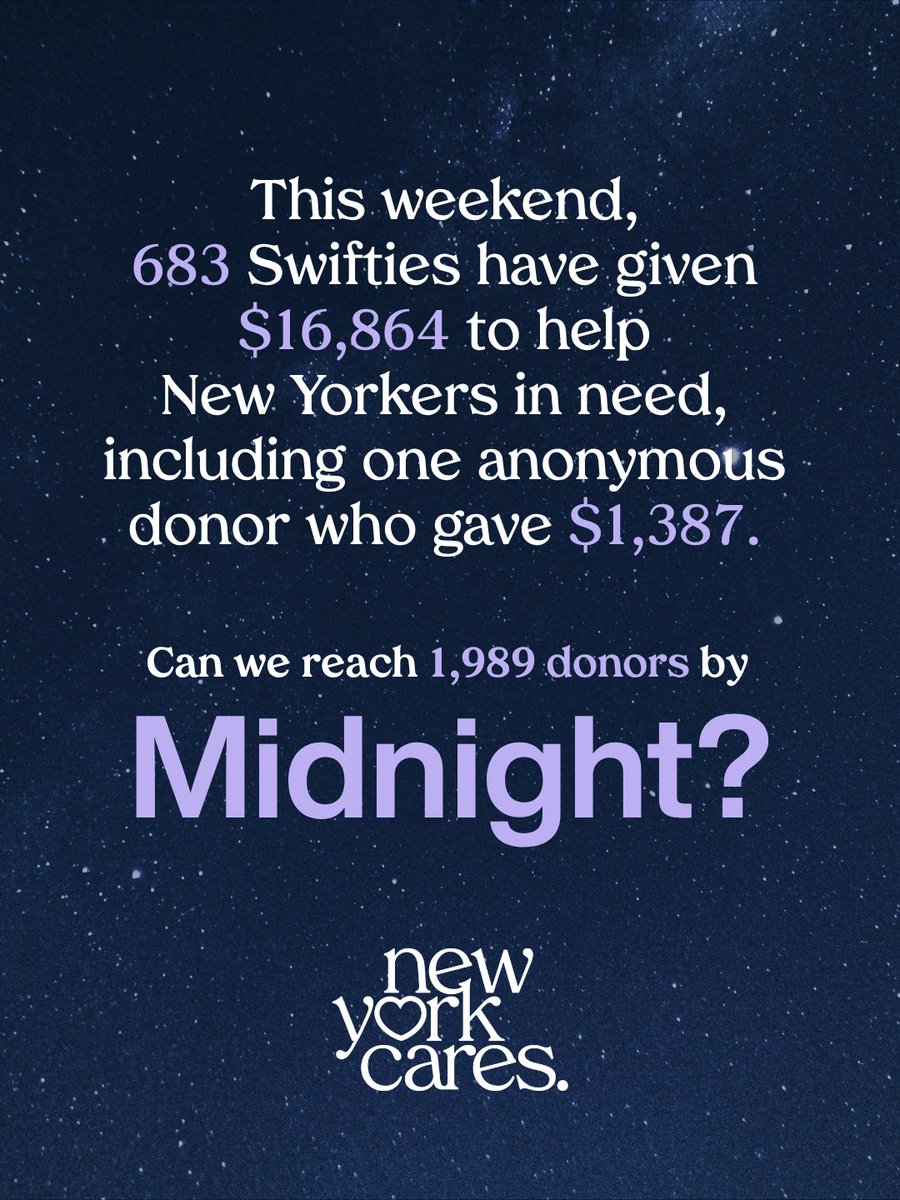 newyorkcares's tweet photo. We’re in a Lavender Haze of generosity! 💜 

Help us reach 1,989 donors by midnight with donations of $13, $26, $87, or whatever your magic number is at https://t.co/fPGgYgGt2C ✨

#nyc #swifties https://t.co/KhwvGoCHoF