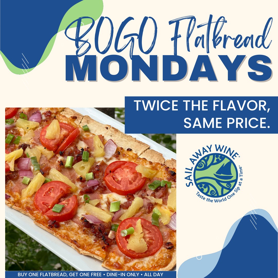 SailAwayWine's tweet photo. Bring your crew &amp; split twice the flatbreads.

Mondays = BOGO flatbreads at Sail Away.

🍕 No brainer.

🔗 Check out our menu ➤ https://t.co/DZaXOFj3F6

#letsgosailaway #pizzanight https://t.co/Wv2xPkkg86