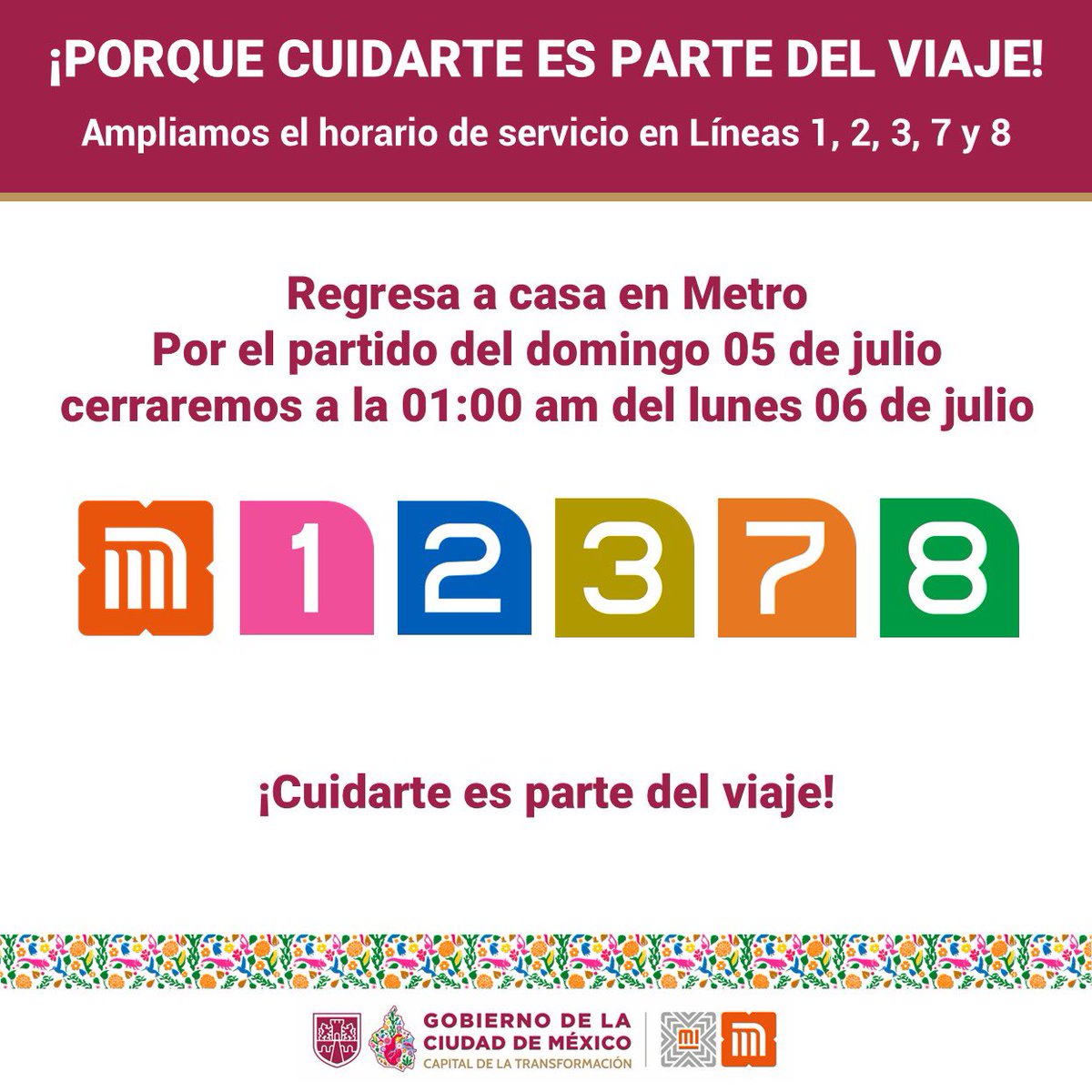 LaSEMOVI's tweet photo. 🚨IMPORTANTE🚨

Para facilitar el traslado de las y los aficionados al término del partido, #Metro y #Metrobús ampliarán su horario hasta las 1:00 hrs del lunes 6 de julio. 🚇🚌🌙

Toma tus previsiones y sigue las indicaciones del personal para trayectos ágiles y ordenados. 👇 https://t.co/qSKwkoKoFk