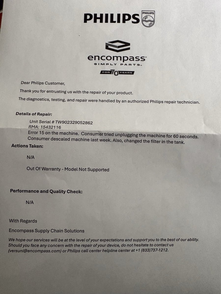 _runmamarun's tweet photo. @Philips - are you for real? Our espresso machine is 2.5 years old and had an error. Called and placed a repair order. Packaged and sent it to the repair facility. Received it back still broken with a slip saying it’s no longer supported. This is a $900 machine. So now what? https://t.co/PMYB602qUd