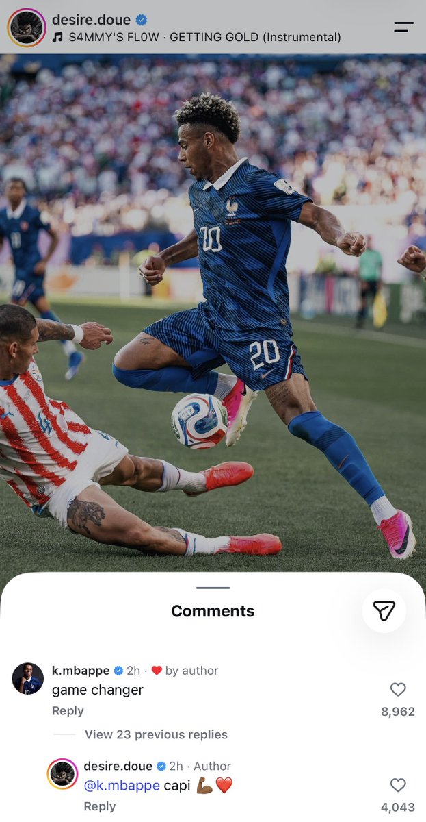 desiredoue_fc's tweet photo. 🚨 Kylian Mbappé's comment on Doué's Instagram post: Game changer! https://t.co/KXlCV3qoEc