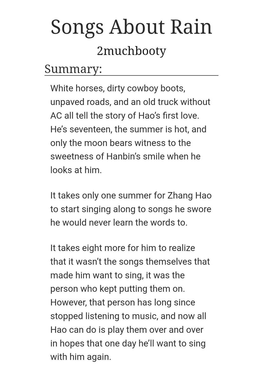 bnbficlub's tweet photo. bnb weekly reading club #3

Songs About Rain by 2muchbooty

🌧️Friends to Lovers, Hurt/Comfort, Childhood Friends (see additional tags)

🌧️104,295 words
🌧️4/4 chapters

https://t.co/VuvKlSF2DT https://t.co/AzmjwN5Ufw