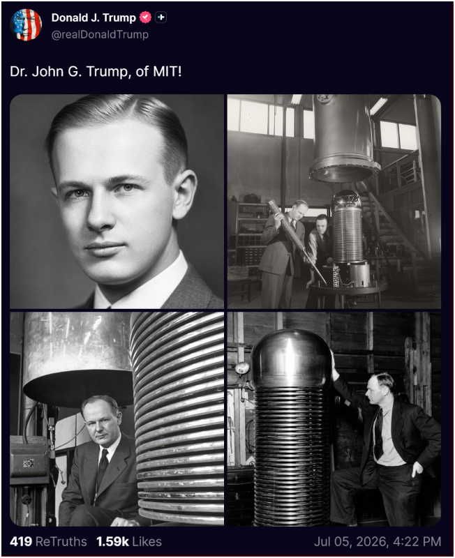7thDean's tweet photo. President Trump's Truth is several pictures showing a free energy machine that Dr. G. Trump of MIT developed with the technology he got from Nicole Tesla..

President Trump is giving us a sign free energy is coming soon...🗼⚡️⚡️ https://t.co/P9dFiMOB4r
