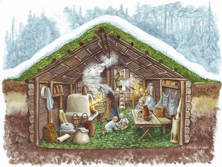 archeohistories's tweet photo. A diagram of an ancient slavic dugout by Nikolai Fomin ... 

Archaeological evidence suggests that semi-subterranean dwellings, often called dugouts or pit houses, were used by many early Slavic communities between 5th-10th Centuries CE. These structures were partially excavated into the ground, typically between 1 and 1.5 meters deep, which helped maintain a relatively stable indoor temperature throughout the year. In the harsh climates of Eastern and Central Europe, this design provided significant protection against both winter cold and summer heat.

Most excavated Slavic dwellings measured between 10-25 square meters and were constructed using timber frames, wattle-and-daub walls, and roofs covered with thatch, bark, or sod. Archaeologists have uncovered thousands of such homes across present-day Poland, Ukraine, Belarus, Russia, and the Balkans. Central clay ovens, used for cooking and heating, are among the most common features found at these sites.

These early Slavic settlements were typically small, often consisting of fewer than 20 households, and were largely self-sufficient, relying on agriculture, animal husbandry, fishing, and local crafts.

The remarkable insulating properties of semi-subterranean homes were so effective that similar designs continued to be used in parts of Eastern Europe and Siberia well into 19th and even early 20th Centuries.

#archaeohistories