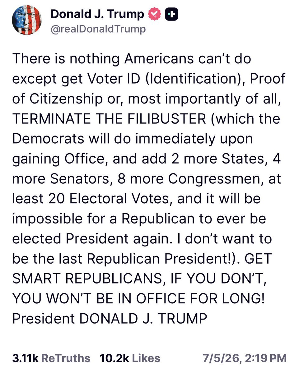 ScottPresler's tweet photo. Once again, President Trump asks for the Senate to terminate the filibuster. 

“IF YOU DON’T, YOU WON’T BE IN OFFICE FOR LONG!” https://t.co/bajcGpVdyq
