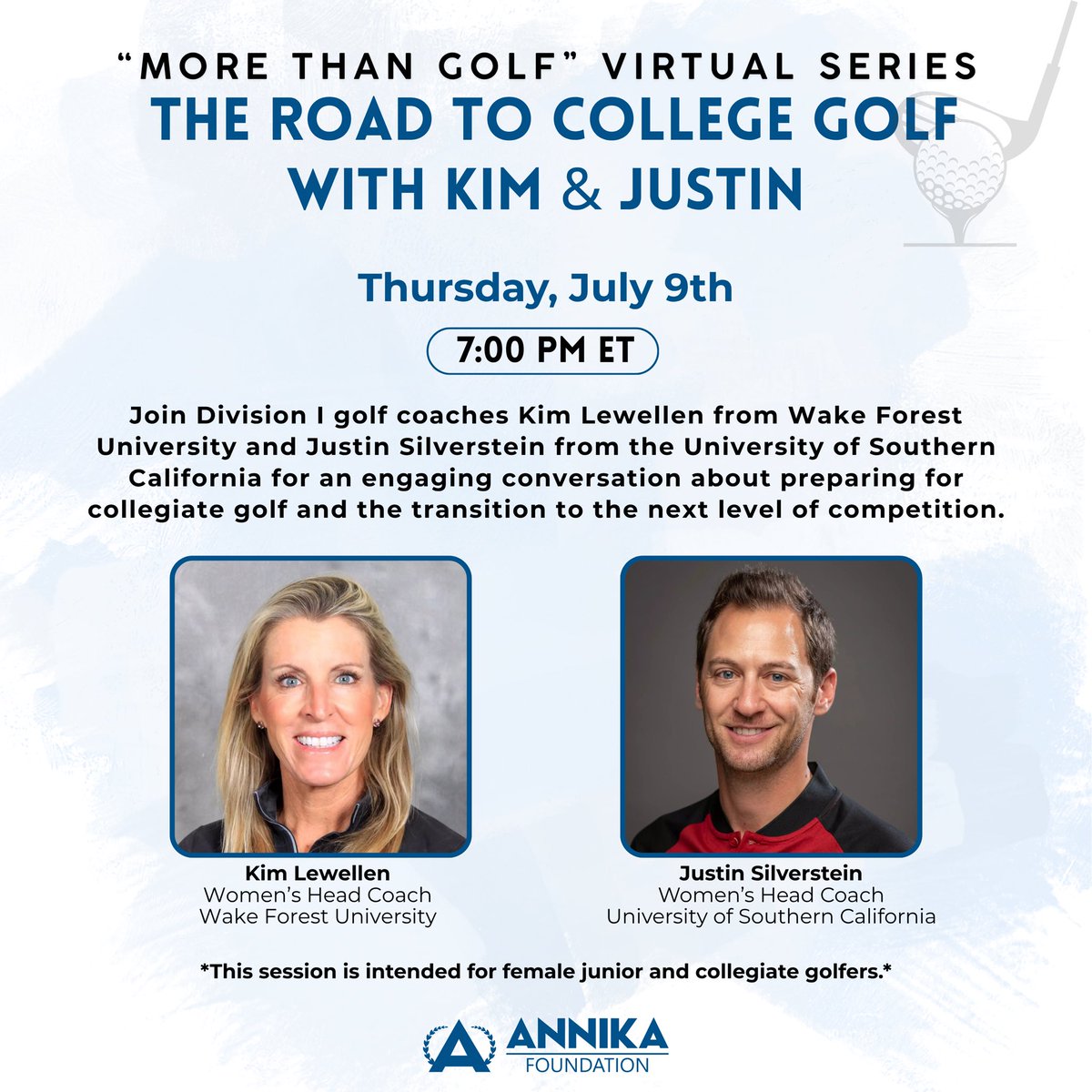 ANNIKA_Fdn's tweet photo. Join us this Thursday for a #MoreThanGolf Virtual Series session with DI golf coaches Kim and Justin. Learn how to prepare for collegiate golf, navigate the recruiting process, and transition to the next level. 👏

👉https://t.co/xRQwcOjPlP https://t.co/Ac3cTtQllh