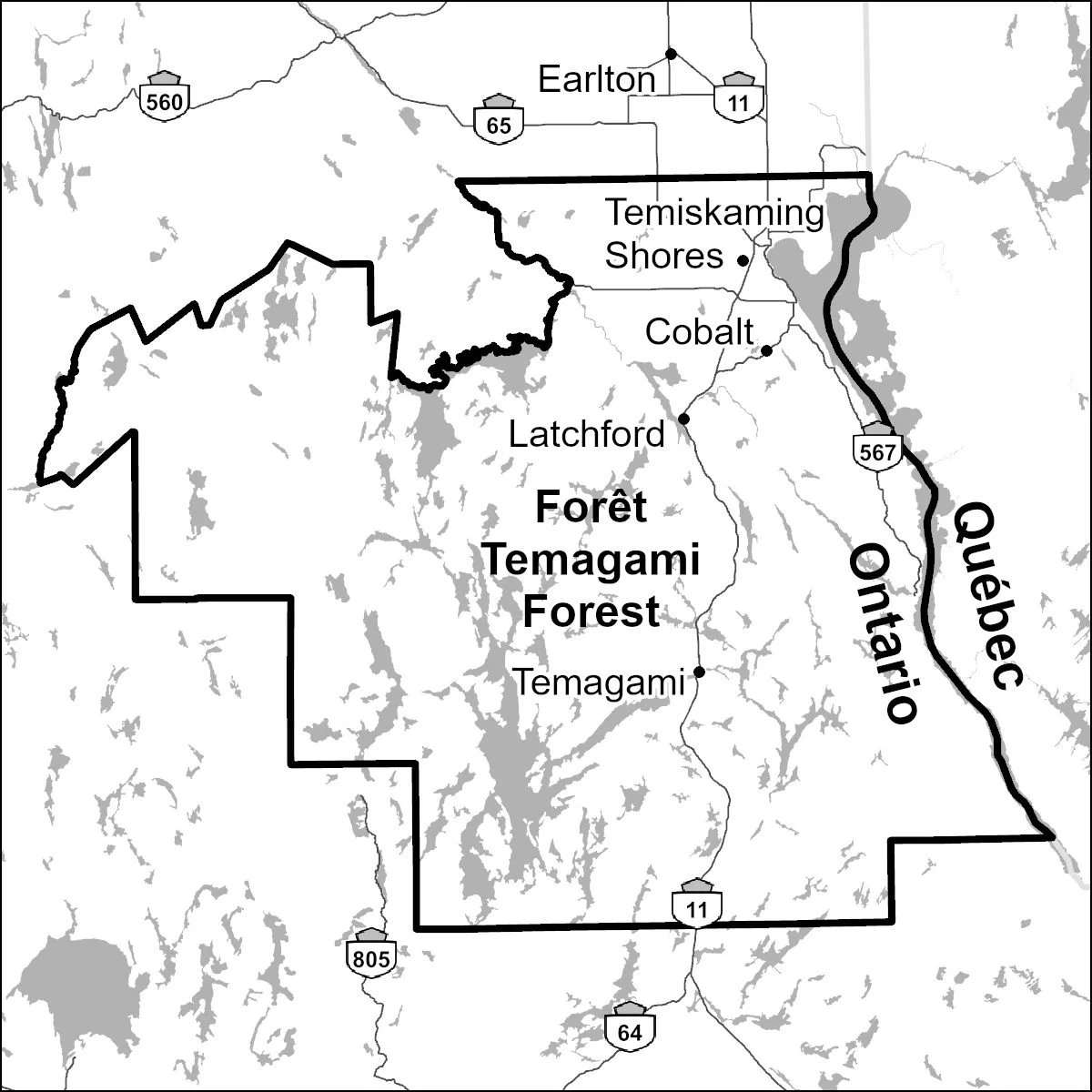 Map of the Temagami Forest including markers for municipalities and highways.
