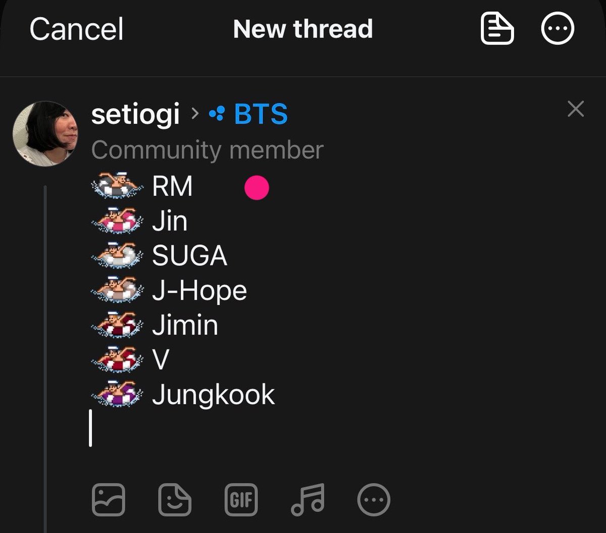 setiogi's tweet photo. I hadn’t been on Threads for a while.
Just saw they have special #BTS_SWIM ‘emojis’ when you post on #BTS topic and type @BTS_twt members’ names.

Namjoon’s ‘emoji’ is the only one swimming towards a different direction… 🥹🥹🥹 https://t.co/dX3C3SGDsM