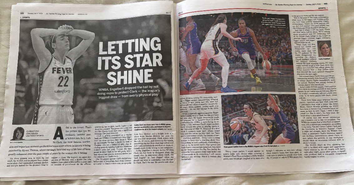 cbrennansports's tweet photo. Nice display of my June 25 @usatodaysports column on Caitlin Clark and the WNBA in today’s (July 5) Chicago Sun-Times. @suntimes_sports https://t.co/MFzgP3Sn7l