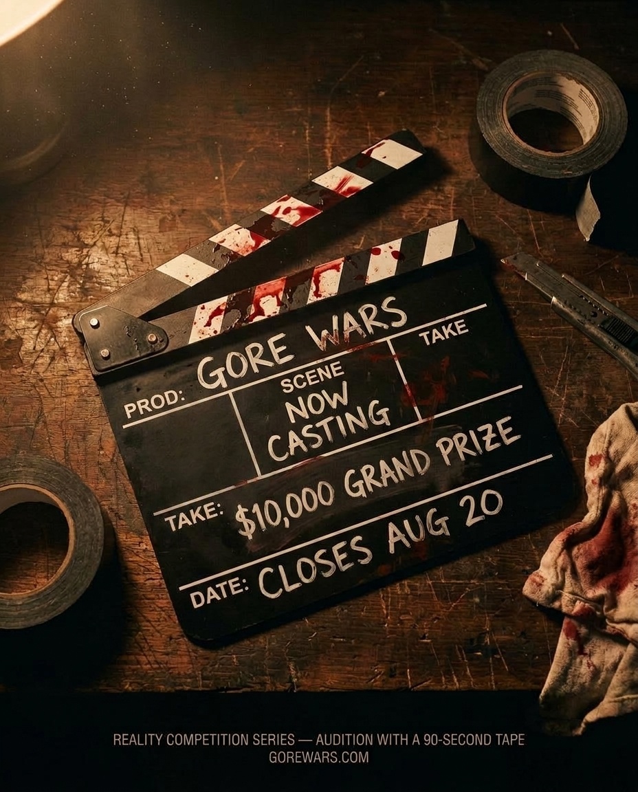 screamifyapp's tweet photo. 🩸 NOW CASTING: GORE WARS — a reality competition series where practical FX artists battle for a $10,000 grand prize. Audition with a 90-second tape. No CGI. No AI. Closes Aug 20. US 18+. https://t.co/RR9EJVzydI #GoreWars #PracticalEffects #NowCasting https://t.co/sbm1xRx6VO