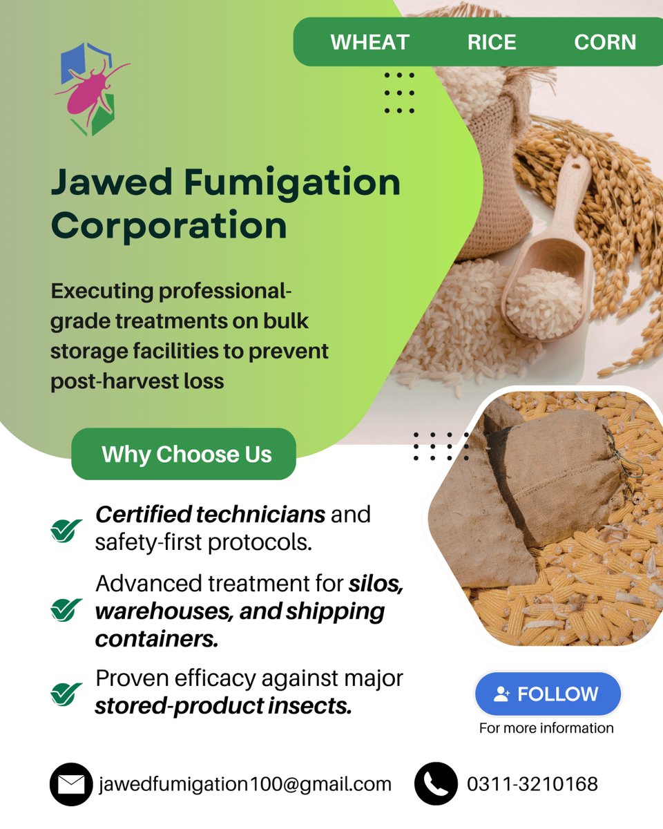 jawedfumigation's tweet photo. Protecting your harvest from storage to shipment. Jawed Fumigation Corporation offers professional-grade treatments to prevent post-harvest loss.

#fumigation #pestcontrol #agriculture https://t.co/ErCLrNn9q5