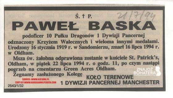 KarolPeruta's tweet photo. 17.06.2026

Wspaniała wiadomość na tę pochmurną środę! 

Dzięki akcji „Znajdź Bohatera” kolejne trzy groby polskich weteranów zostały oficjalnie zarejestrowane jako „Grób Weterana walk o wolność i niepodległość Polski”!

Tym razem nasi Bohaterowie zostali odnalezieni na cmentarzu Greenacres w Oldham. I już teraz mogę z pełnym przekonaniem powiedzieć – to dopiero początek! Na tym cmentarzu spoczywa o wiele więcej polskich bohaterów, którzy nigdy nie zapomnieli, za co walczyli.

W Oldham mieszkało naprawdę wielu naszych weteranów. Zostawili po sobie trwałe ślady – ślady odwagi, honoru i niezłomnej miłości do Ojczyzny. Dziś z dumą przywracamy ich imiona i czyny do pamięci.

Walka trwa! Póki nie odnajdziemy ich wszystkich!

Zarejestrowane groby BOHATERÓW:

Paweł Baśka  
Podoficer  
10 Pułk Dragonów, 1 Dywizja Pancerna  
Odznaczony Krzyżem Walecznych

Jan Jaskulski  
Dowództwo Saperów  
Bohater Bitwy o Monte Cassino  
Krzyż Monte Cassino nr 25441

Józef Wyrembelski  
Kapral  
7 Pułk Artylerii  
Bohater Bitwy o Monte Cassino  
Krzyż Monte Cassino nr 35569

CZEŚĆ ICH PAMIĘCI! 

To już 221 zarejestrowanych grobów polskich Bohaterów na brytyjskich cmentarzach!
I’m
Nie ma mowy o spoczynku.  
Idziemy dalej. Dla nich. Dla Polski

#karolkamilperuta #znajdzbohatera #waldi114 

W tym roku Tradycja Tysiąca Zniczy potrzebuje Twojej pomocy jak nigdy.  
Pomóż mi godnie upamiętnić tych, którym zawdzięczamy absolutnie WSZYSTKO – naszą wolność, nasz język, nasz honor.

Bo oni nie prosili o pomniki.  
Oni prosili tylko o jedno:  
żebyśmy ich nie zapomnieli.

Liczę na Ciebie! 
Razem sprawmy, by żaden z nich nie pozostał zapomniany.  
Razem pokażmy światu, że Polska pamięta – zawsze i wszędzie!
Tylko dzięki Wam od 10 lat ten skrawek zapomnianej polskiej ziemi, rozświetla światło 1000 biało czerwonych zniczy, w tym roku nie może być inaczej! 

👉🏻 https://t.co/5Rye5OQpXD                              

„Pomimo wszystko i pomimo wszystkim, dla Ciebie Polsko!”

Więcej i akcji „Znajdź Bohatera” 
👉🏻 https://t.co/dMdy0xaReF