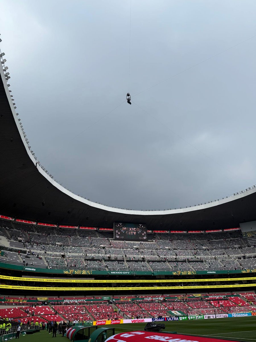 AndyKerrtv's tweet photo. Here come the storms in Mexico City. Still 3 hours to kick off. We’ve had to leave our pitchside position due to loud thunder and lightning above our heads. #England #Mexico https://t.co/i2qibJYzLv