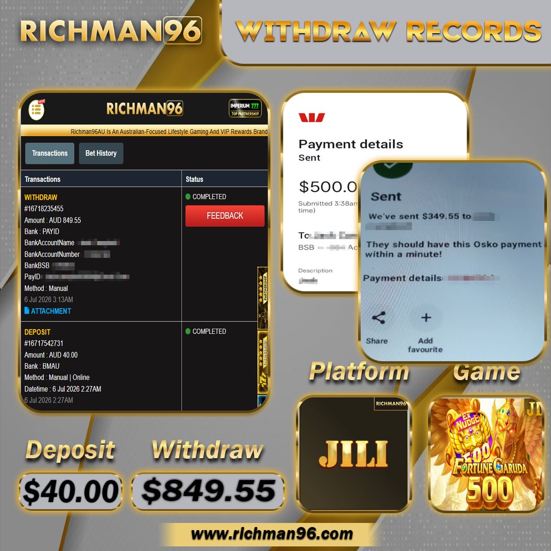 richman6663's tweet photo. ♠️ Congratulations To Our Dearly Menber Successful Withdraw ♠️
🎰PLATFORM: JILI
🎮GMAE: FORTUNE GARUDA500
💵DEPOSIT: 40.00 AUD
💵WITHDRAW: $ 849.55 AUD
🌎 Domain :  https://t.co/e1axwpW6s7 https://t.co/fbOPuZJlum