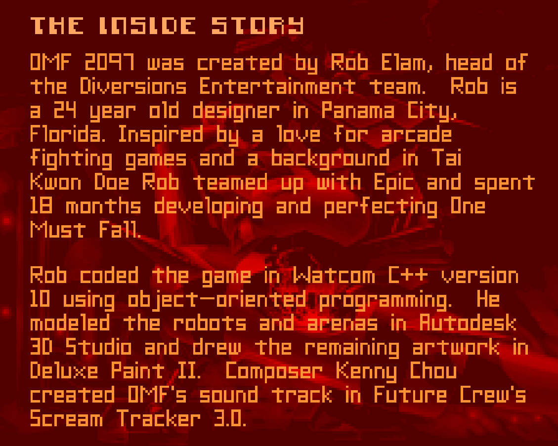 peevishdave's tweet photo. Amazing stuff I never noticed before: the game One Must Fall 2097 - just another awesome game nobody never talks anymore - was basically created by a 24yo solo dev in 18 months (Rob Elam.). What a beast! https://t.co/rc1XC8Dg9d