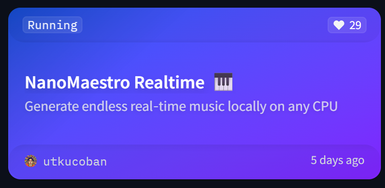 UtkuCoban000's tweet photo. Almost at 30 likes!  #1 among music generation spaces this week

Thank you @huggingface @HuggingModels community!

HF space: https://t.co/ByRuybOOzO

Web app: https://t.co/OBFnl2Uu5y https://t.co/evCCuA7ura